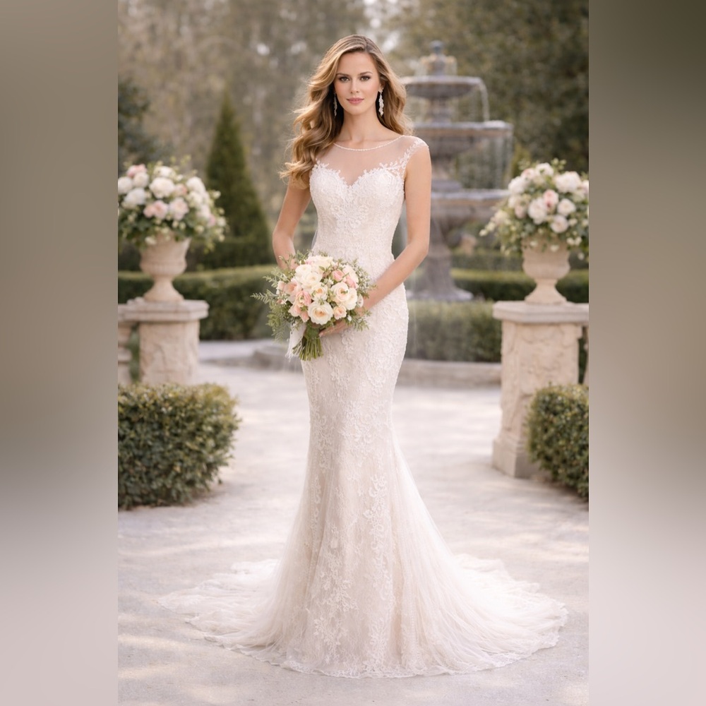 Ivory Lace Sheath Wedding Gown Illusion Neckline SZ 0 NWT Embroidered Romantic